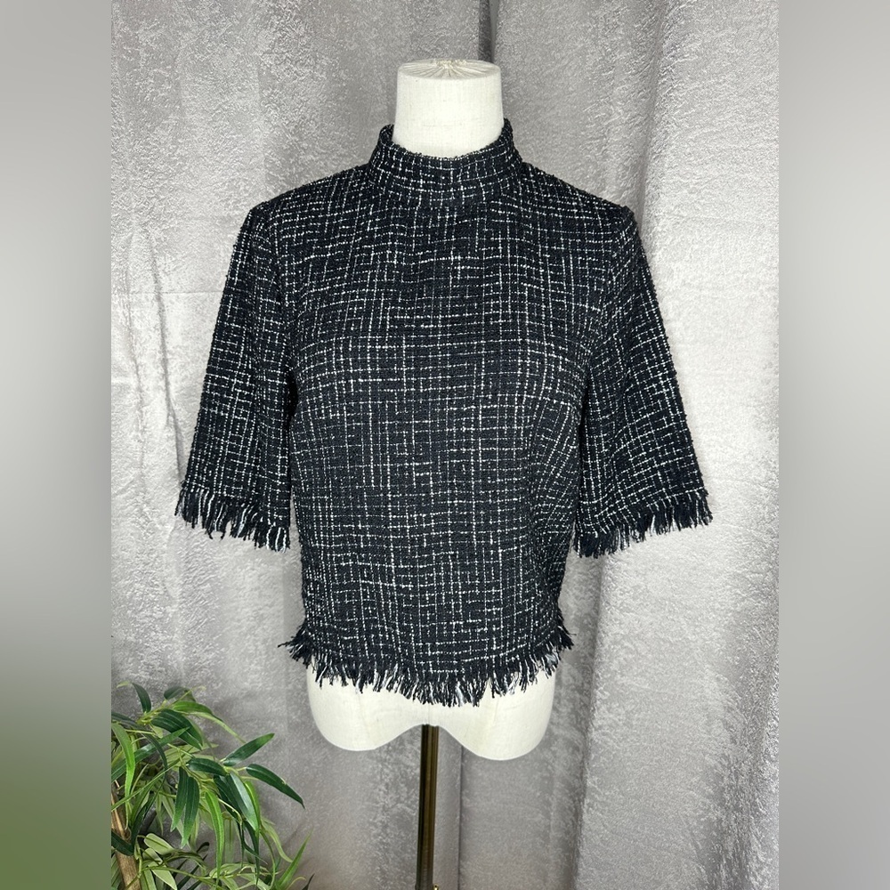 Zara Women’s Mock Neck Tweed Fringe Detail Top Black Sz S